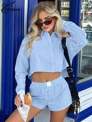 Oymimi Casual Blue Print Sets For Women 2 Pieces Elegant Long Sleeve Button Crop Shirts And Mid Waisted Patchwork Shorts Sets