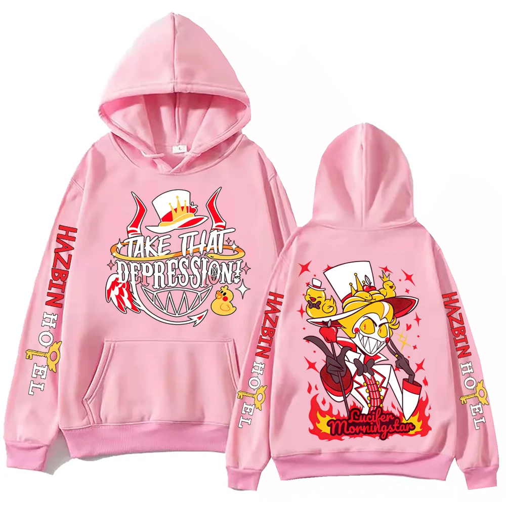 2025 هازبين فندق لوسيفر الجرافيك هوديي رجل امرأة الشارع موضة قناع السترة القمم كم طويل الصوف فضفاض البلوز