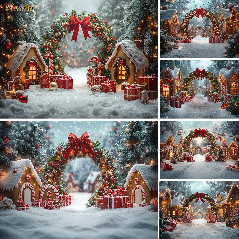 

Christmas Gingerbread House Background Photography Candy Cane Arch Xmas Flower Door Snowy Backdrop Winter Kids Cake Smash Photo