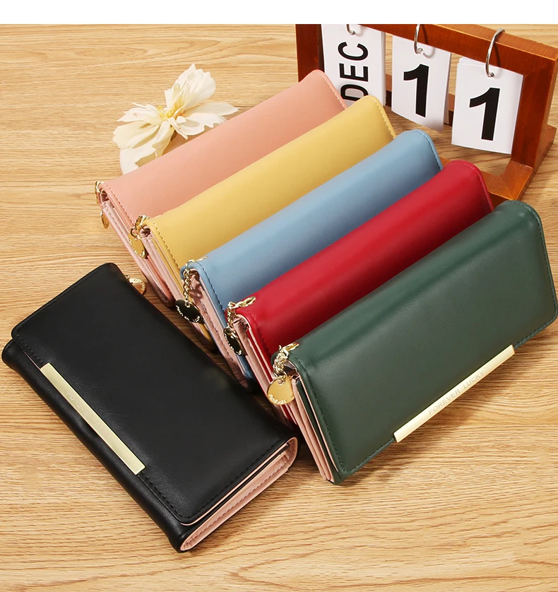 Damen Lange PU-Geldbörse 2-fach Faltbar Einfarbige Clutch mit Mehreren Kartenfächern Große Kapazität Reißverschluss-Geldbörse Koreanischer Stil Damen-Handgeldbörse – Detail 19