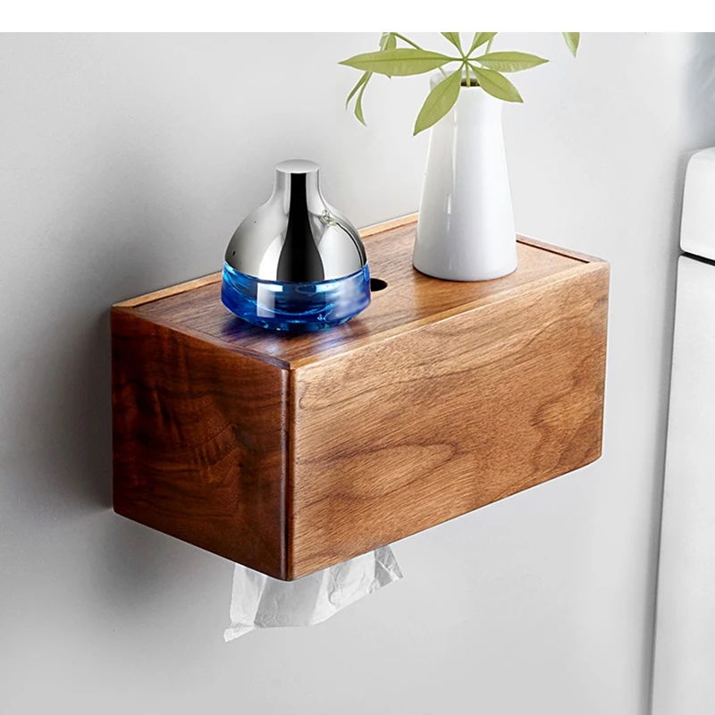 호두 나무 종이 타월 홀더 화장실 랙 가정용 벽 마운트 조직 보관 욕실 다기능 선반