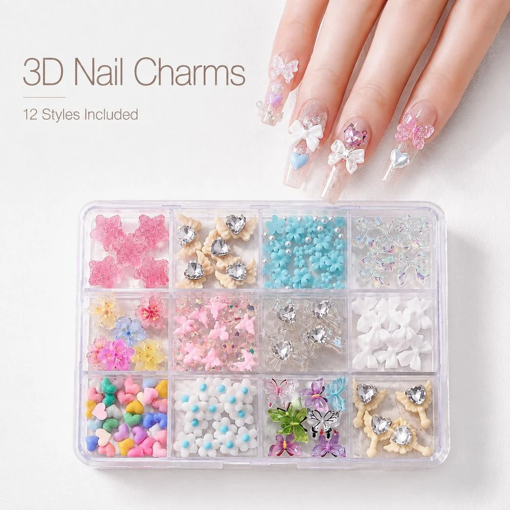 12Grids Multi‑Shape Resin Nail Ornaments Colorful Butterfly Bow Flower Heart Rhinestone Studs Boxed Decor For Home Manicure