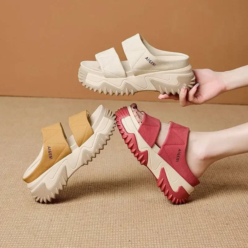 Soft Leather Slippers Women  New Indoor Outdoor Thick Sole Fashion Slippers Anti Slip Trend Flat Shoes Wear-resistant Mules