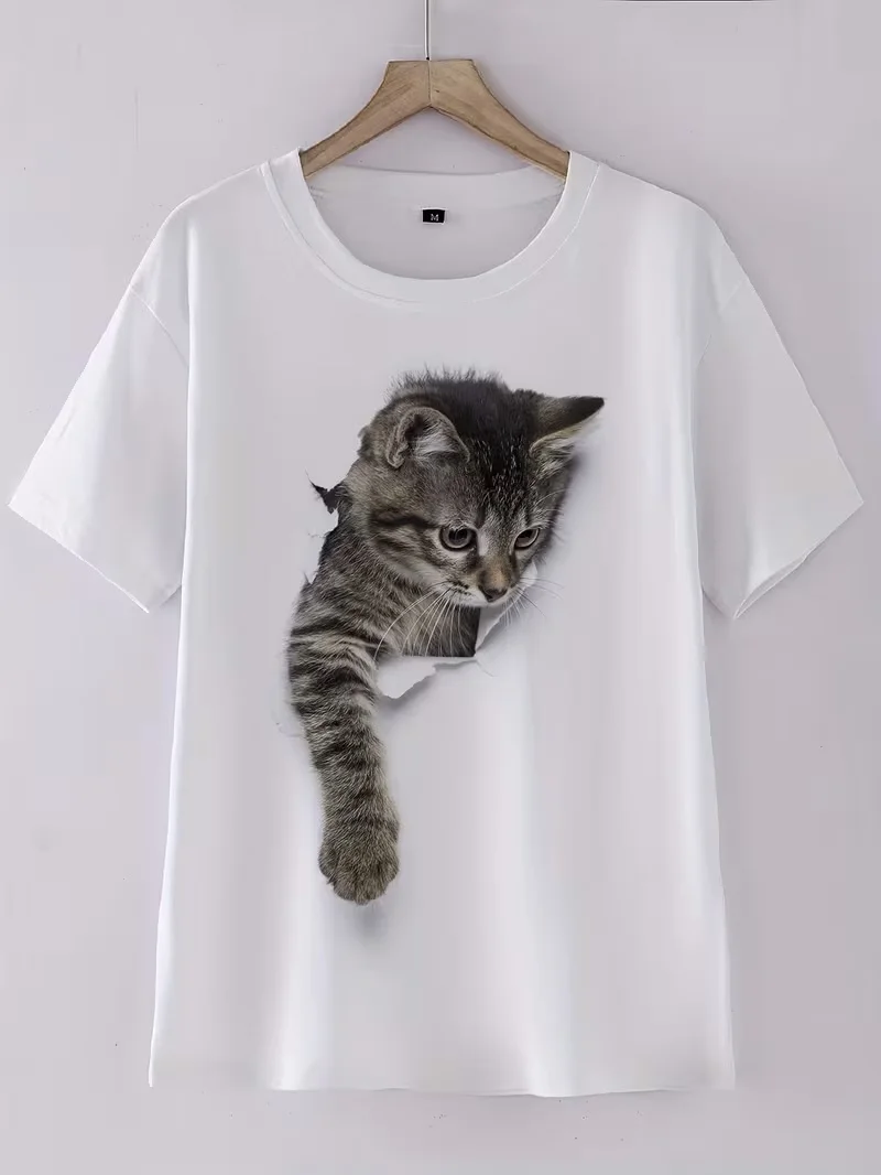 Cute Cat Print Ripped Distressed Short Sleeve Relaxed Fit T-Shirt PT0006