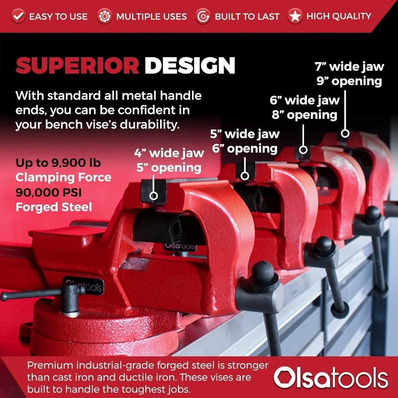 Forjado aço mesa bancada Vise, bancada vermelha, montagem bônus, base giratória, força de aperto, 360 °, 6 ", 8,800 lb