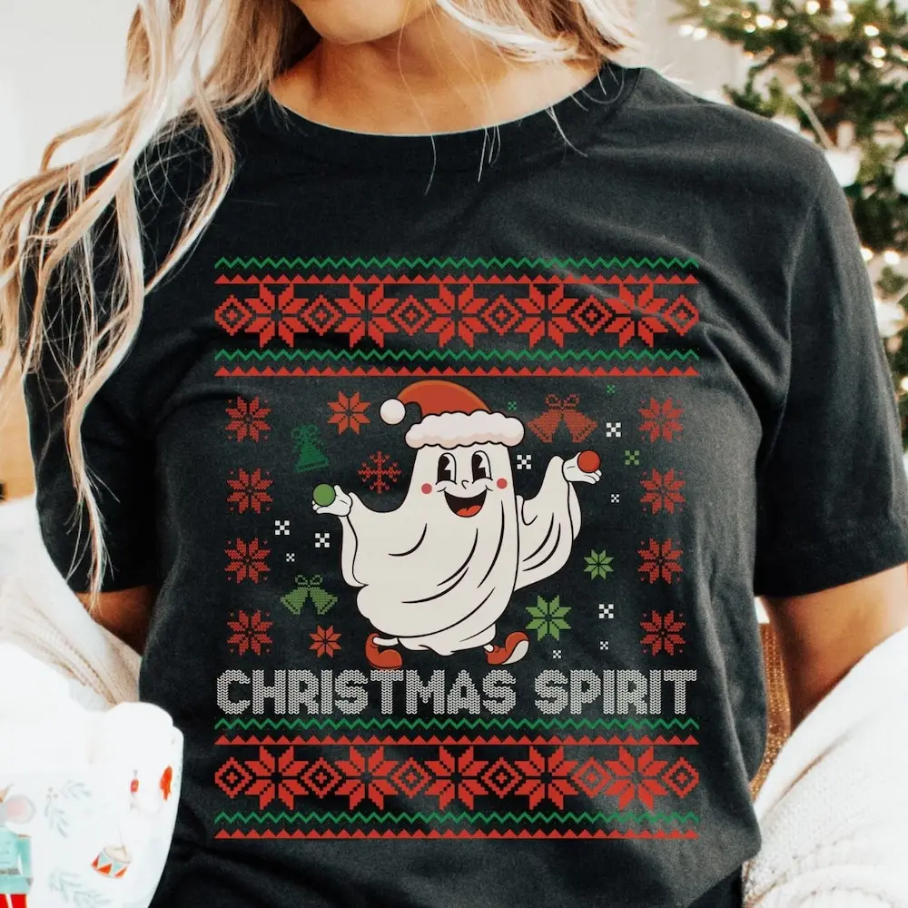 Christmas Ghost T Shirt Santa Merry Sweat Xmas Holiday Funny For Work Party