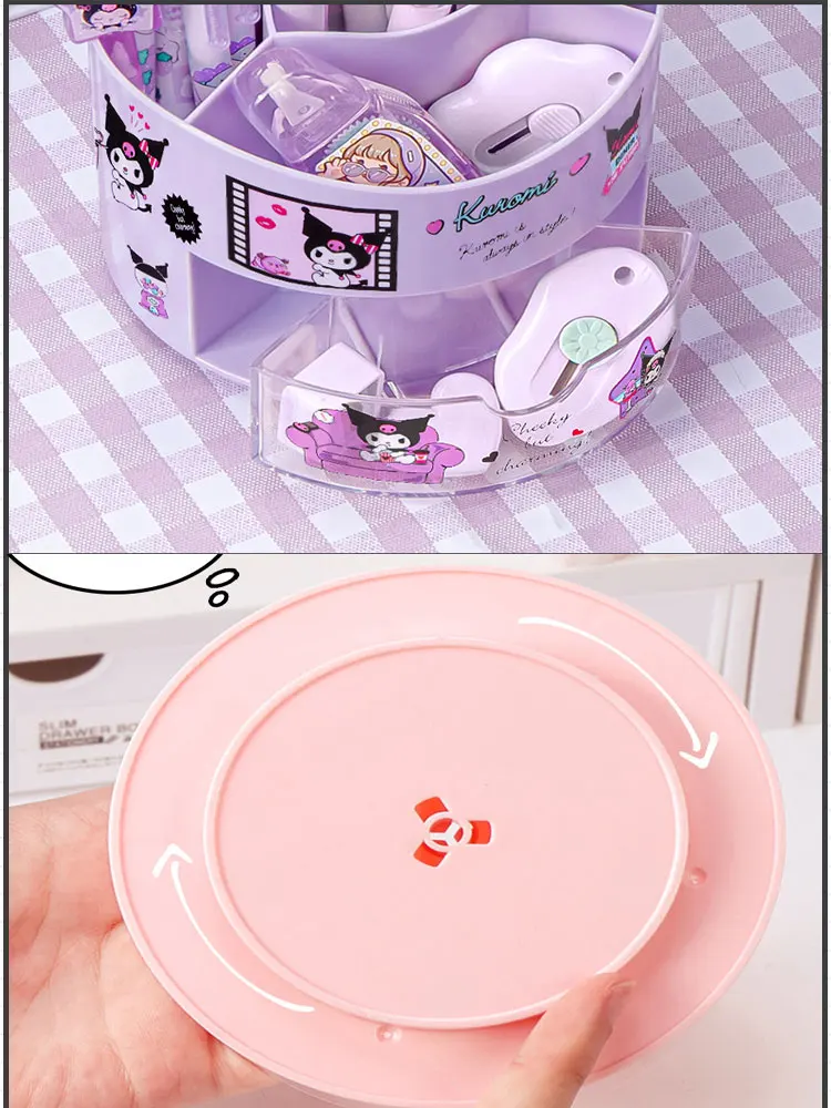 Cute Sanrio Rotating Pen Holder Storage Box Anime Kuromi Cinnamoroll Kawaii Desk Organizer Stickers Stationery Cosmetic Storage