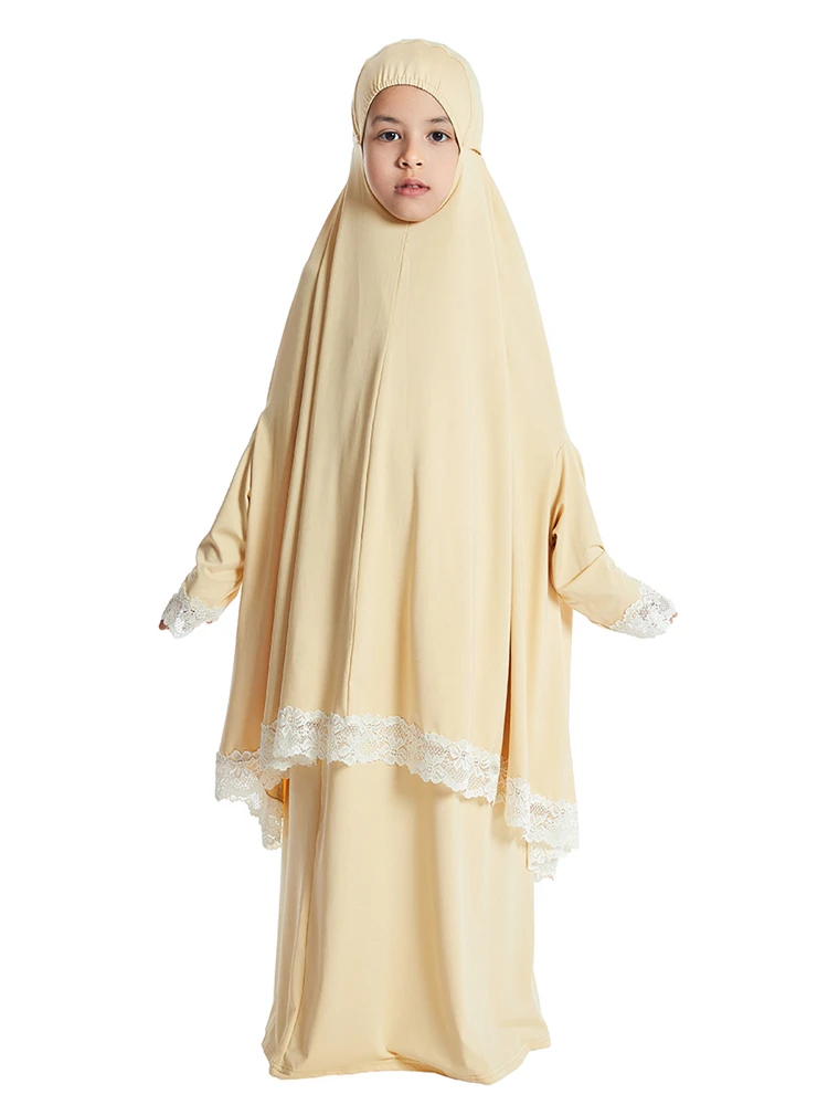 Muslim Kids Girls Hijab Dress Ramadan Khimar Skirt Set Overhead Eid Prayer Garment  Burqa Abaya Robe Kaftan Hooded Gown