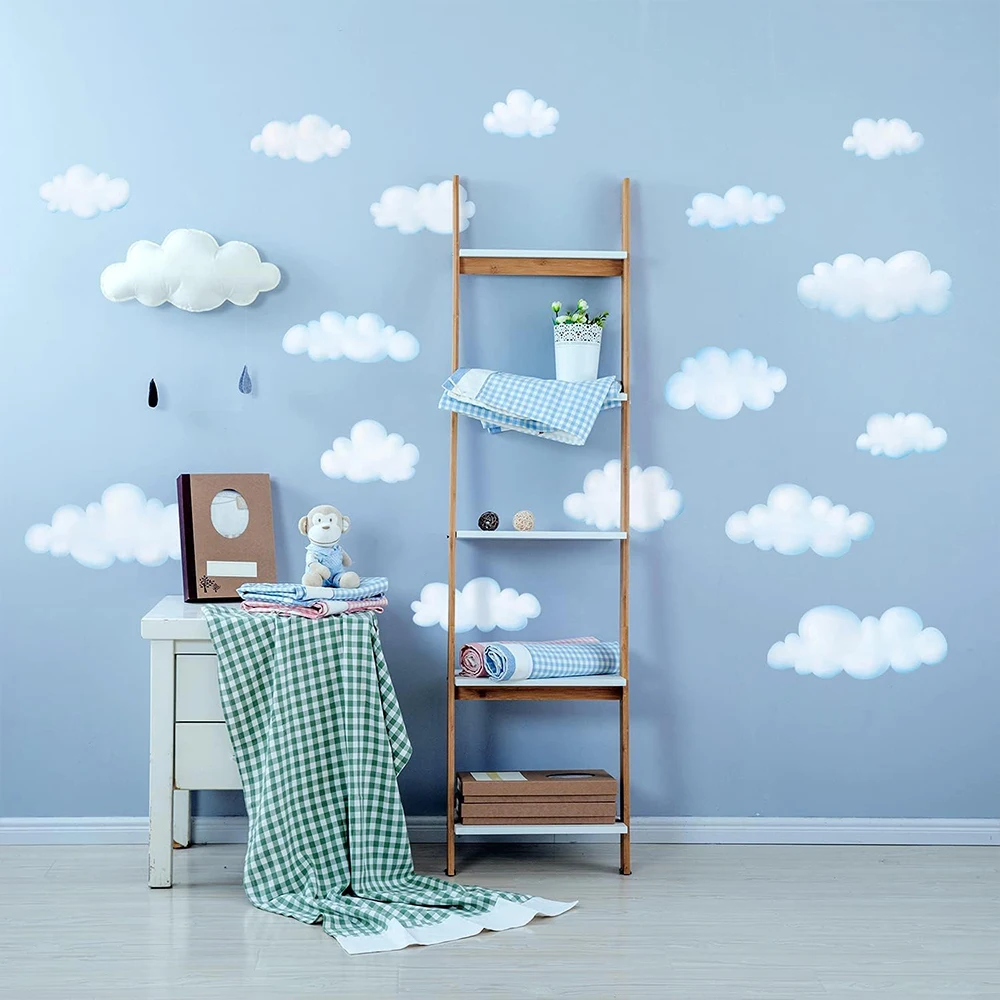 Pegatinas de pared de nubes azul claro de dibujos animados de estilo bohemio para niños, dormitorio, decoración del hogar, baño, bañera, papel tapiz artístico de pared DIY