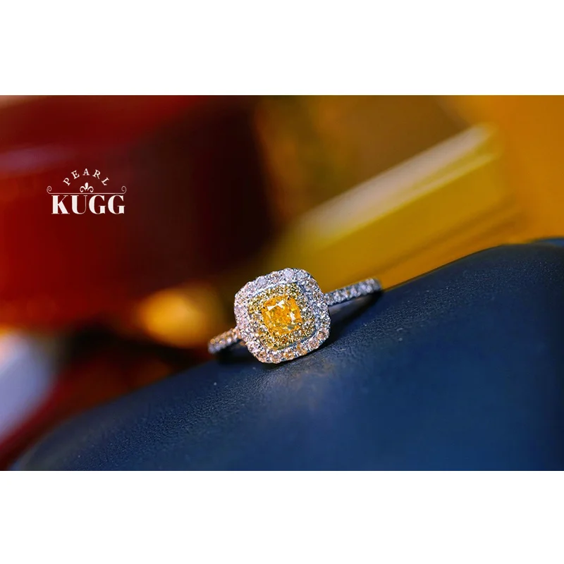 KUGG 100% 18K White Gold Rings Elegant Square Shape Real Natural Yellow Diamond Engagement Ring for Women High Party Jewelry