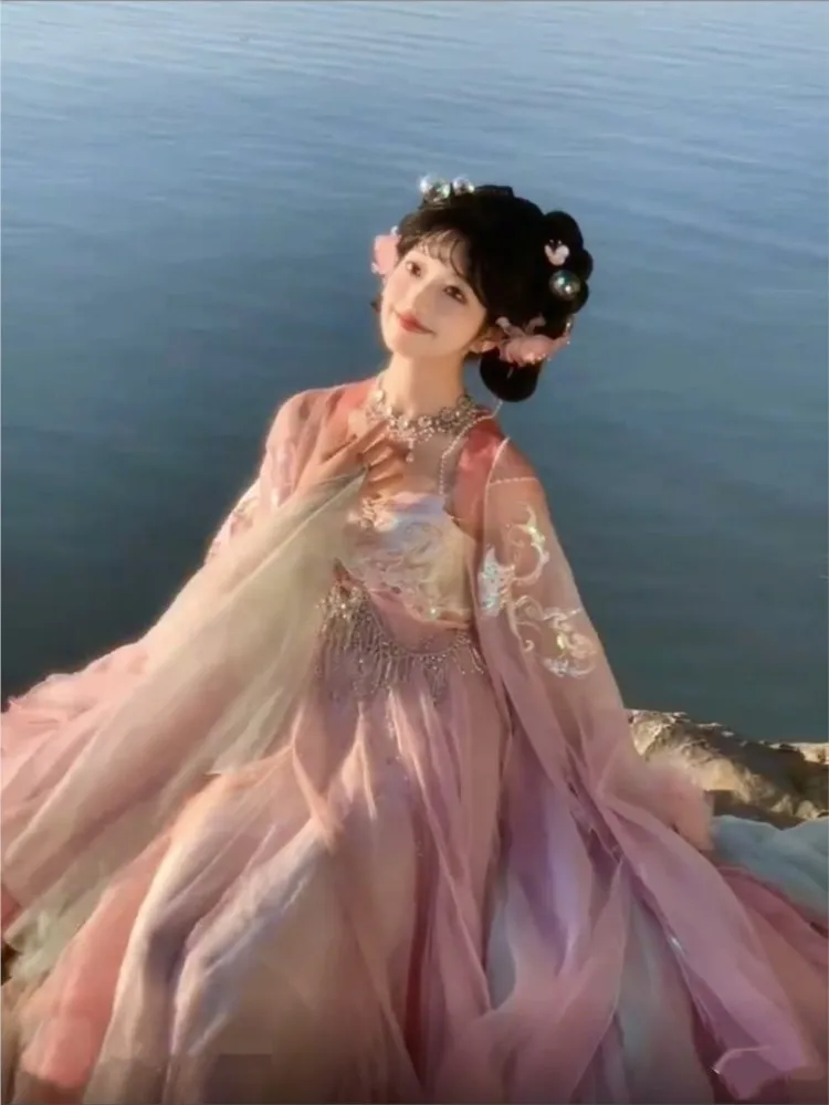 Pink girl exotic style heavy embroidery large-sleeved shirt gradient skirt Hanfu set for new women