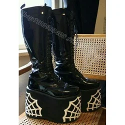 Black Platform Patent Leather Boots Round Toe Punk Style Lace up Fashion Casual Design for Women Shoes 2024 Zapatos Para Mujere