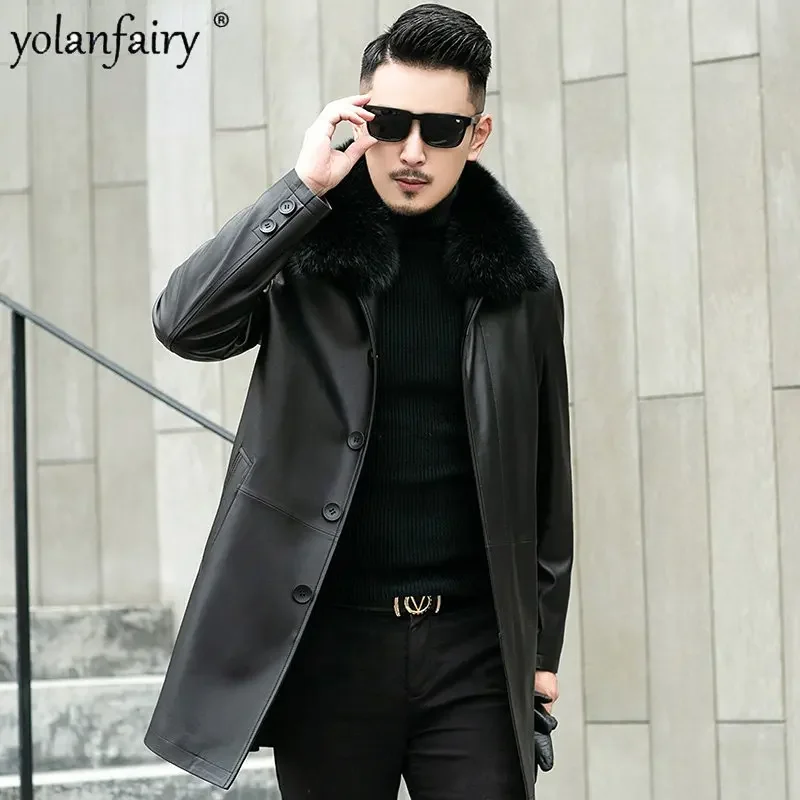 Autumn Leather Jacket Men Fox Fur Mink Fur Collar Genuine Leather Medium Long Sheepskin Coat Windbreaker Men's Winter Jacket FCY