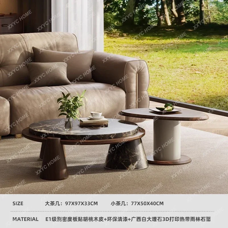 Round coffee table marble living room household small apartment high-end retro tripod walnut leather table