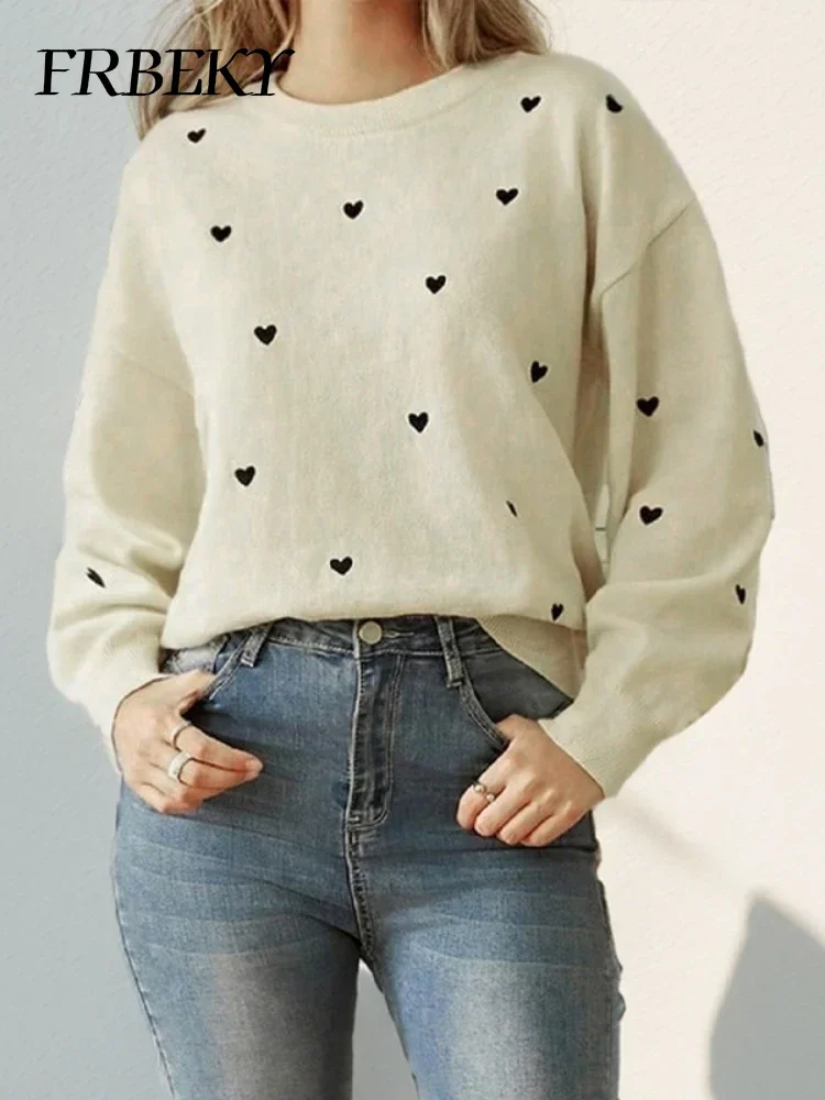 Camisola feminina elegante outono inverno novo amor em torno do pescoço camisola de manga comprida moda solta senhoras pulôver malhas jumper