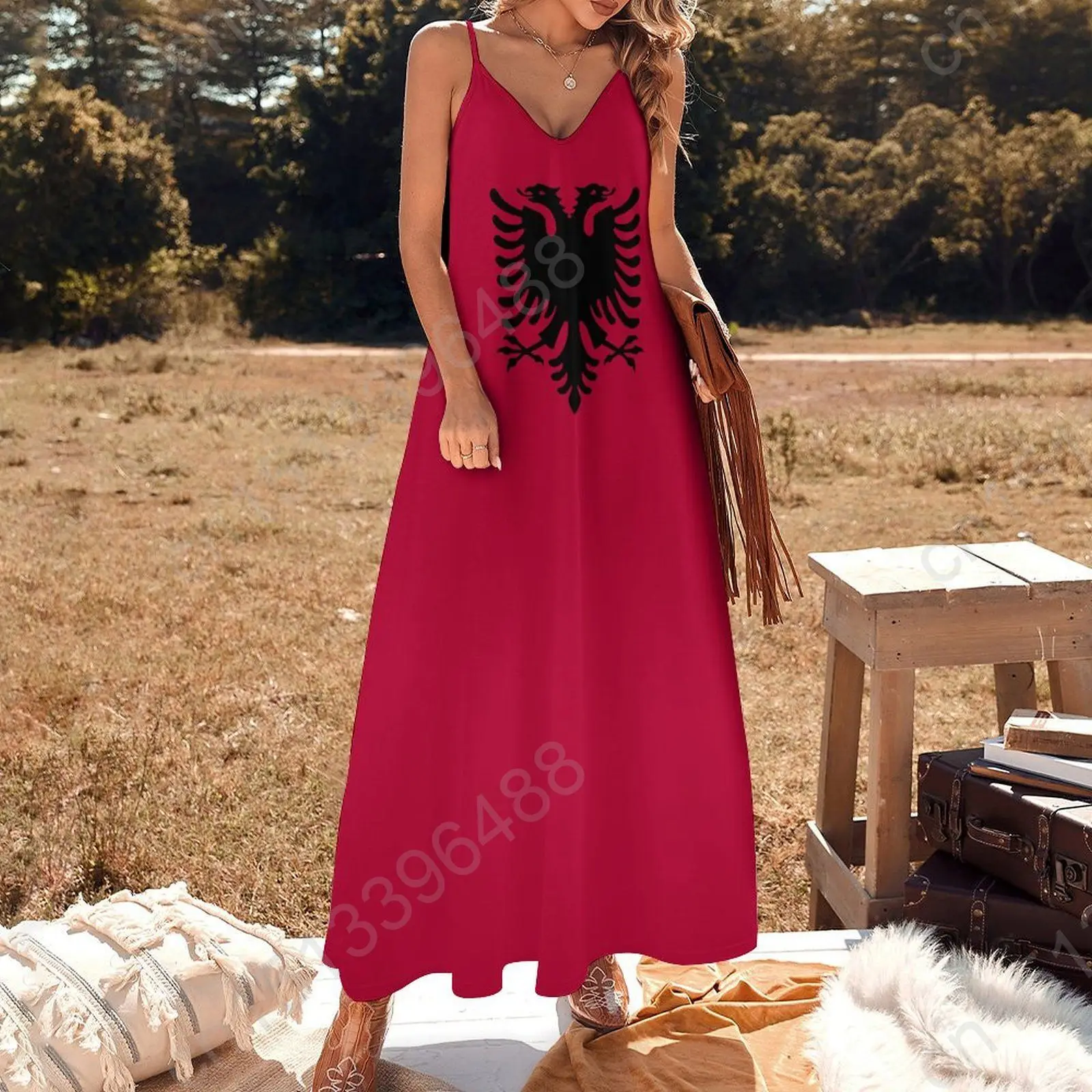 Albania Flag Print New Casual Sleeveless Long Dress Women's V-Neck Printed Dress Swing Retro Dresses