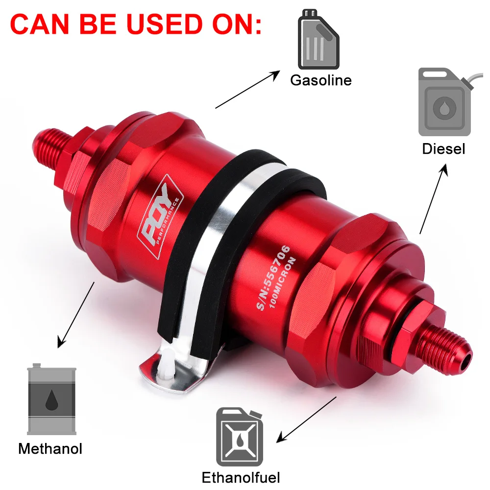 VR - PQY RED AN6  Inline Fuel Filter E85 Ethanol With 100 Micron Stainless steel element 200 GPH