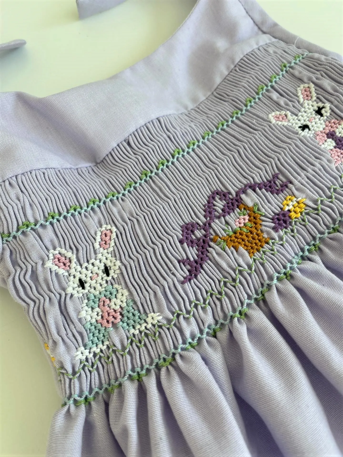 Summer Baby Girl Handmade Embroidered Rabbit Flower Basket Purple Smocked Dress For Casual Party Birthday Wedding Photography