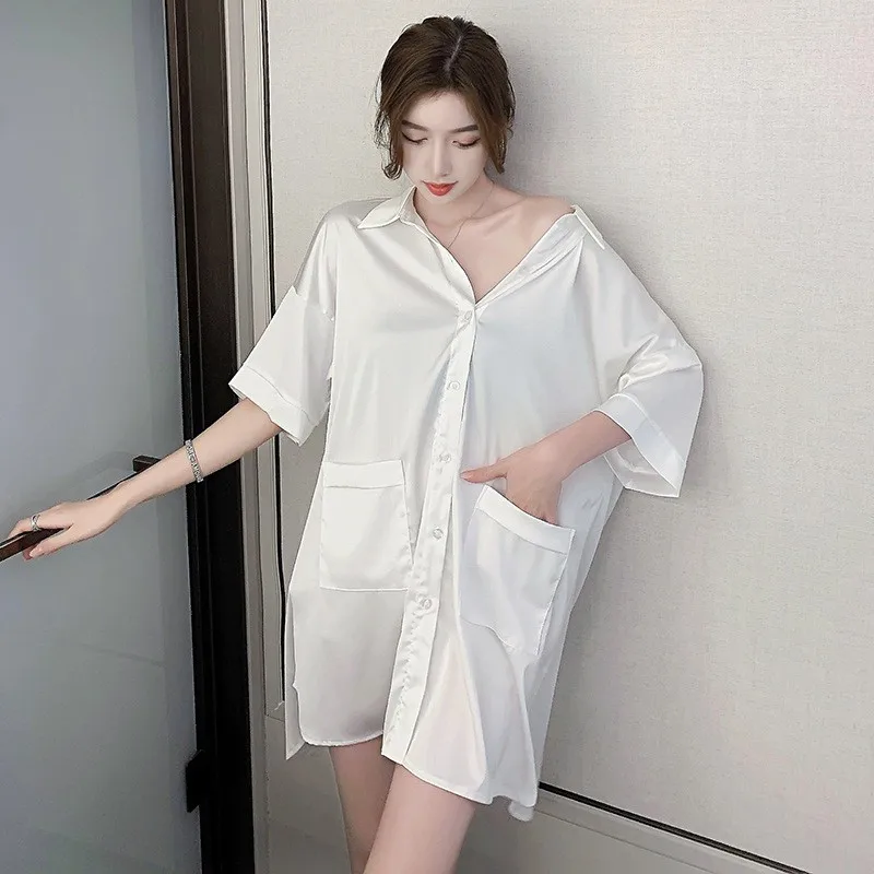 Sexy Lace Shirt Nightdress Hollow Back Women Sleepwear Loose Home Dress Silky Satin Nightshirt Turn Down Collar Loungewear