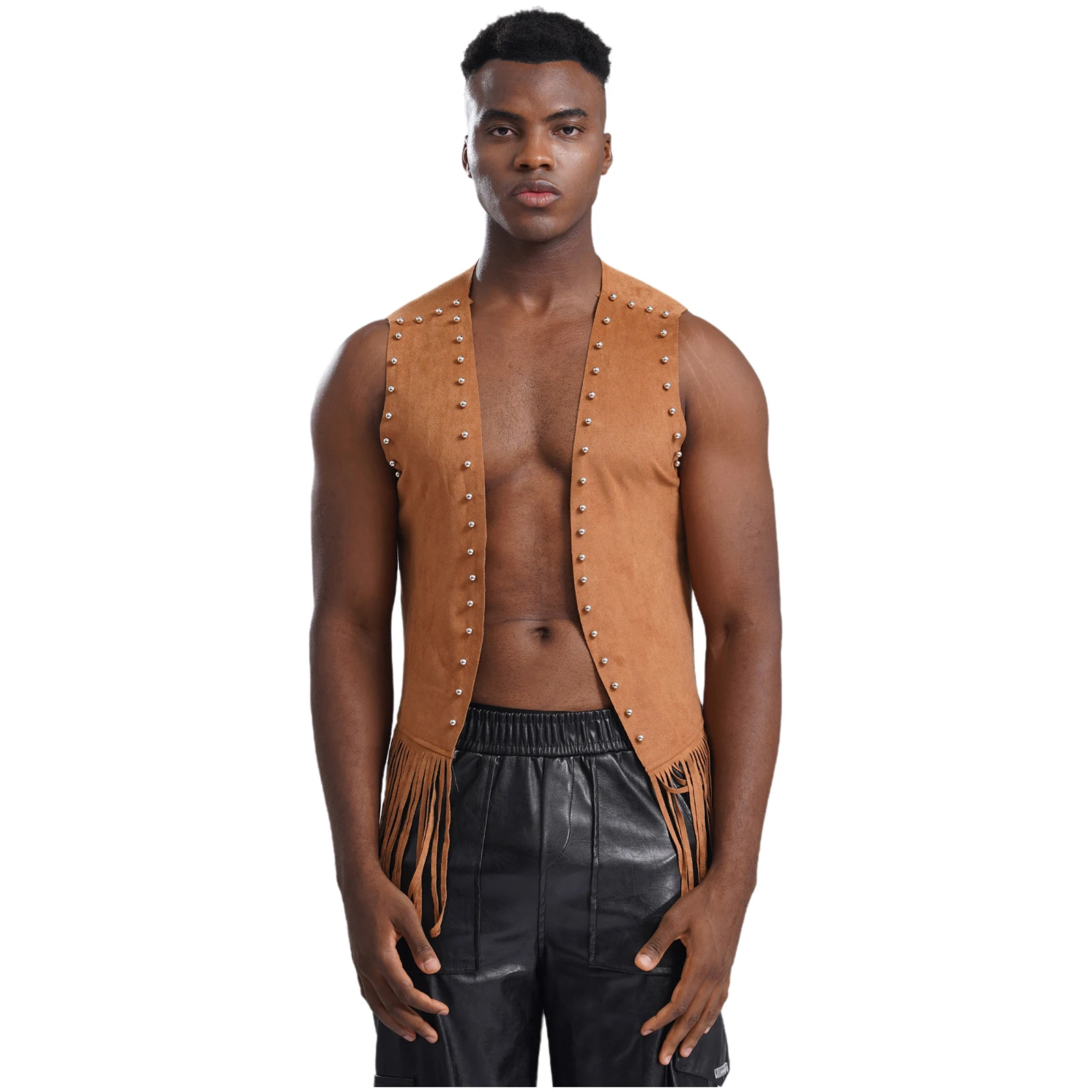 Men Fringed Faux Suede Rivets Waistcoat Western Cowboy Sleeveless Tassel Jacket Vest Carnival Music Festival Performance Tops