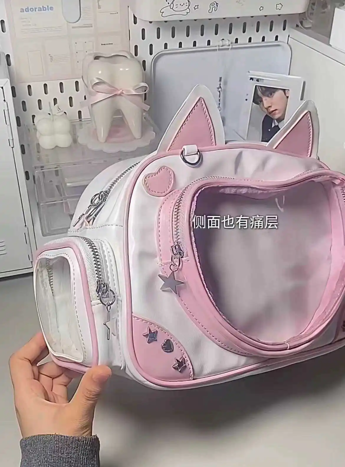 Cute Love Cat Pink Backpack Schoolbag Transparent Kawaii Itabag Commute Shoulder Women\'s Bag