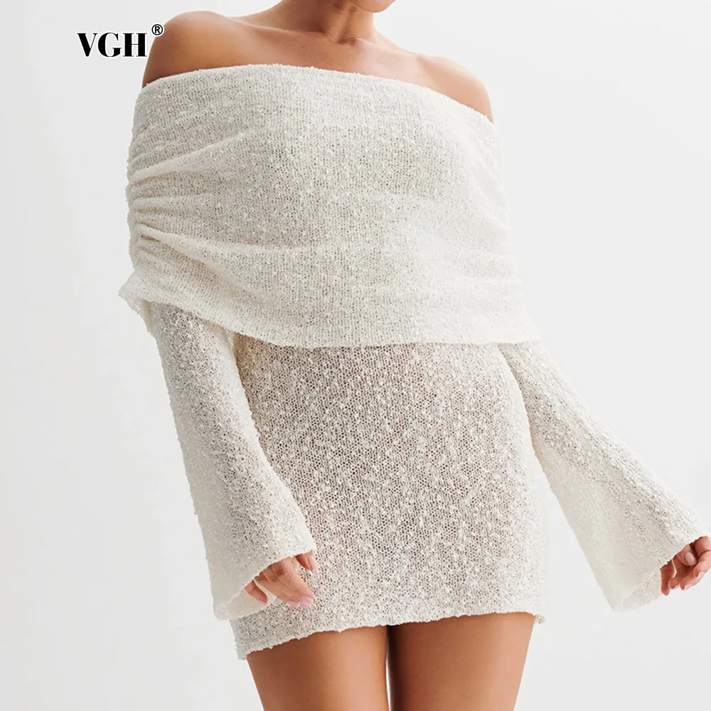 VGH Sexy Knitted Mini Dress Women Slash Neck Long Sleeve Off Shoulder High Waist Sheer Design Holiday Solid Dresses Female New