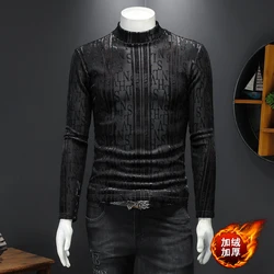 Letters Jacquard High-End Men T Shirt Homme Long Sleeve Slim Fit Winter Quality Velvet Smooth Thick Boutique Camisetas De Hombre