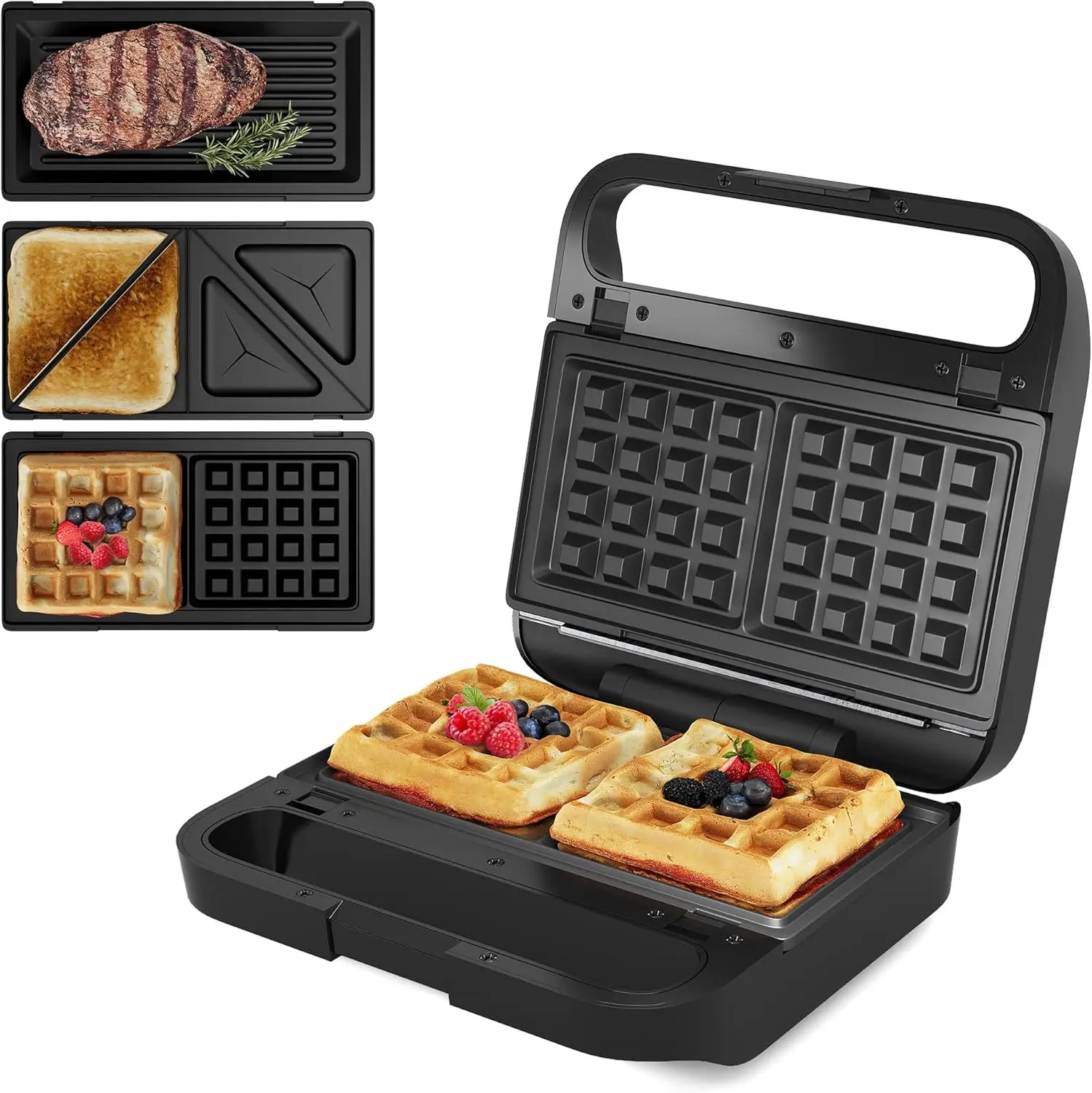

3 in 1 Sandwich Maker, Electric Waffle Maker with Removable Non-stick Plates, 850W Panini Press Grill with Glass Top and Cool