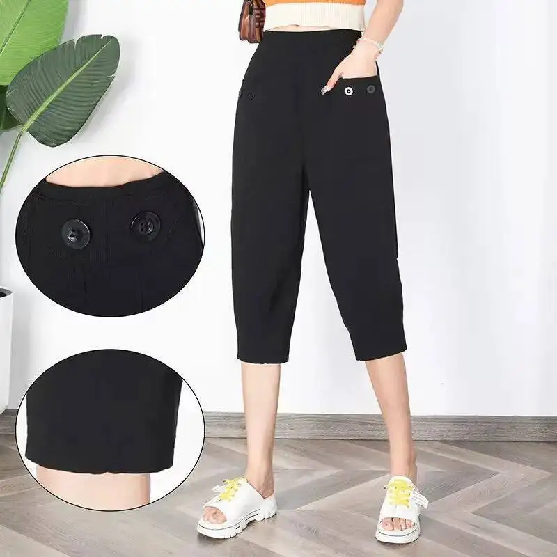 Women Capris Pants  2025 Summer Casual Loosesolid Color Calf-Length Pants Fashion Large Pocket Elastic Waist Harem Pants