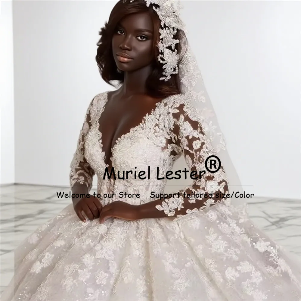 Błyszczące suknie ślubne z tiulu i koronki z aplikacjami dla czarnoskórych dziewcząt, szyte na miarę, z długimi rękawami, suknie balowe, luksusowe suknie ślubne z koralikami.