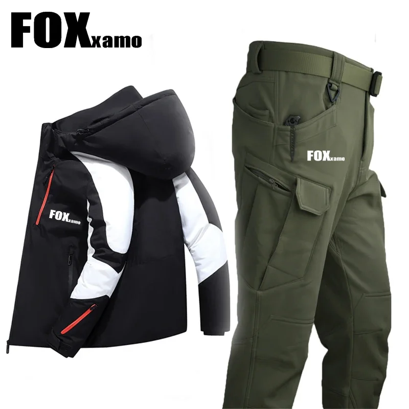 FOXXAMO Autumn Winter Men's Thickened Warm Cycling Suits Outdoor Windproof Hooded Climbing Jacket + Waterproof Tactical Pants