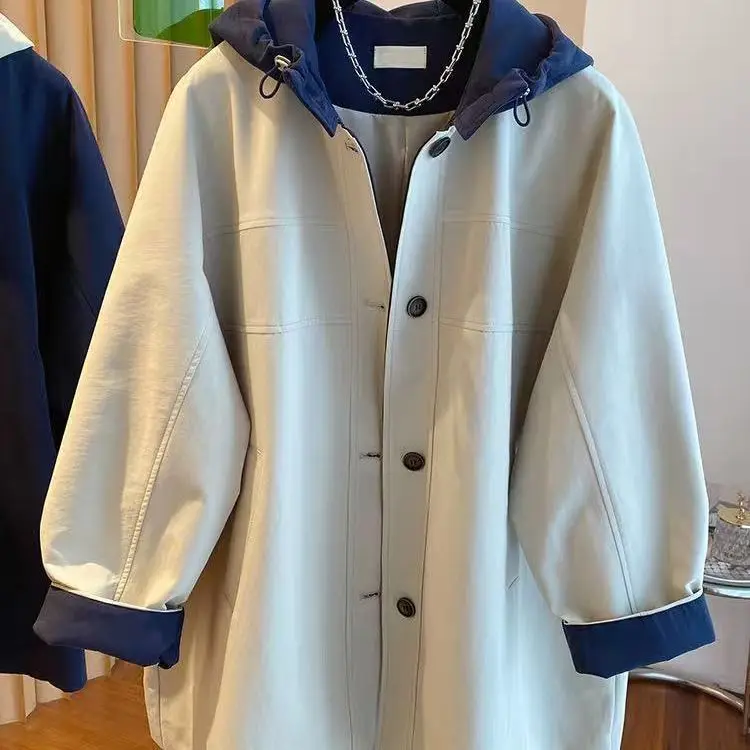 Solid Navy Hooded Jacket For Women Contrast White Hooded Patch Pockets Loose Oversized Long Sleeve Fall Ladies Outerwear Coat