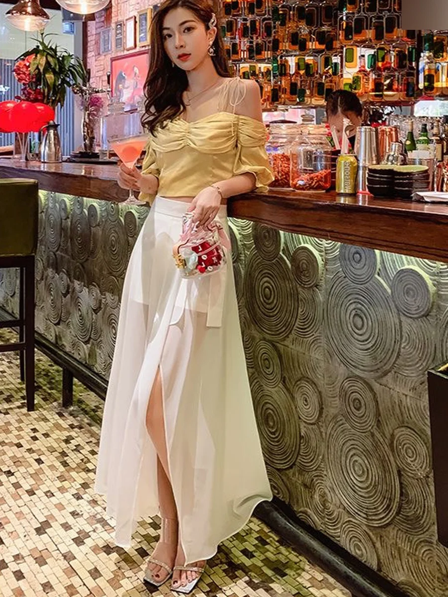 Saia Midi de Chiffon Branca Fena, Novo Estilo de Outono, Efeito Emaecedor, Estilo Coreano, Crimento Médio, Estilo Co...