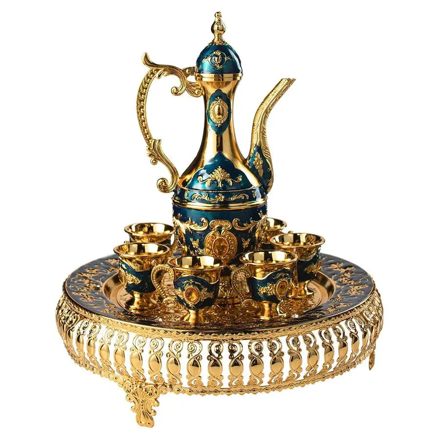 

Turkish Coffee amp Tea Pot Set for 6 including Tray amp Teapot Silver Inserted with Crystals and Crystal Tray Turkish, Greek, Ar