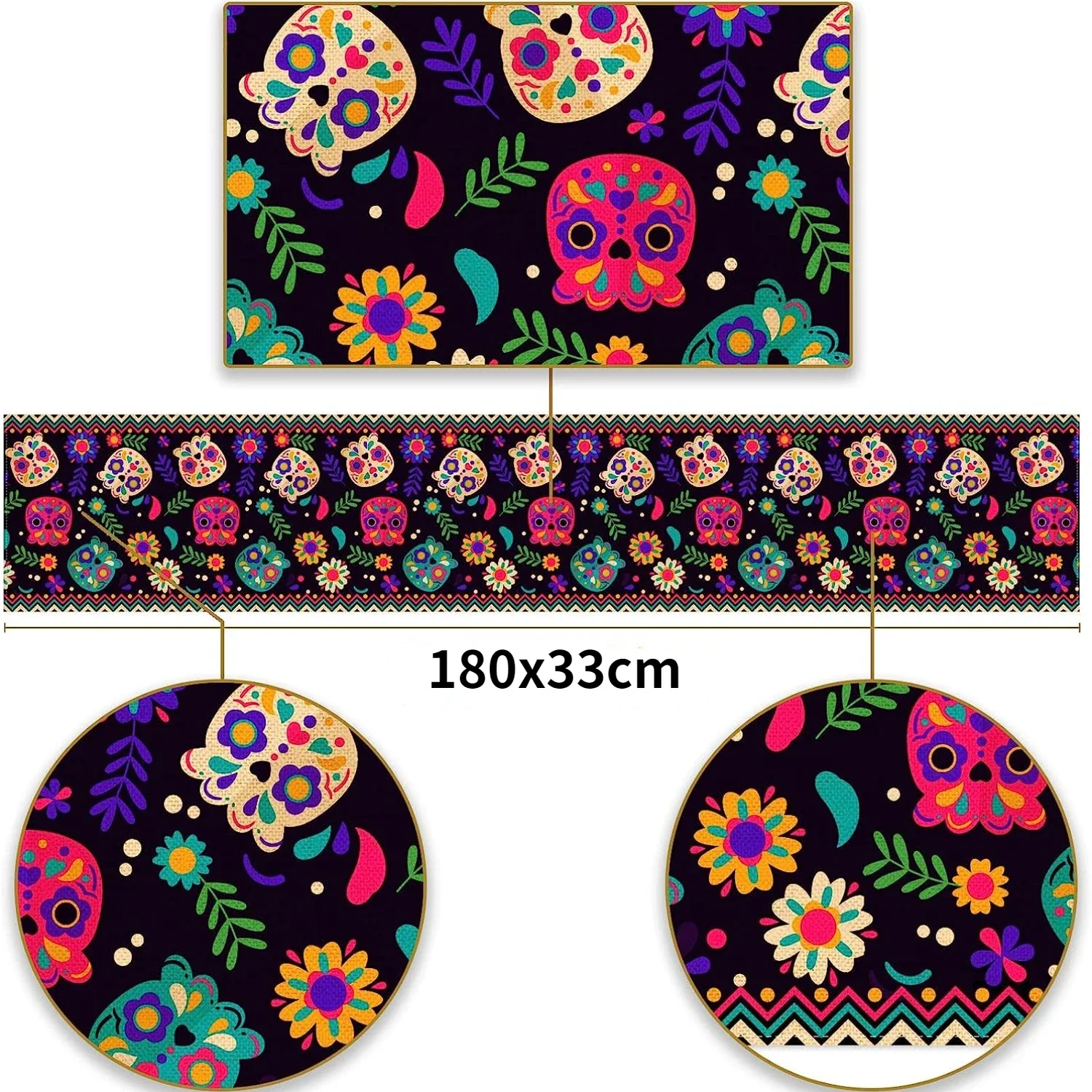 Mexico Day of The Dead Linen Table Runner Halloween Decorations Sugar Skull Dia De Los Muertos Table Runners for Table Decor