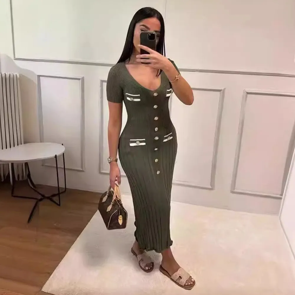 Office Lady elegancka, długa sukienka z dzianiny letnia z krótkim rękawem, dekoltem w kształcie litery V, jednorzędowa obcisła sukienka damska Party Fashion Vestidos