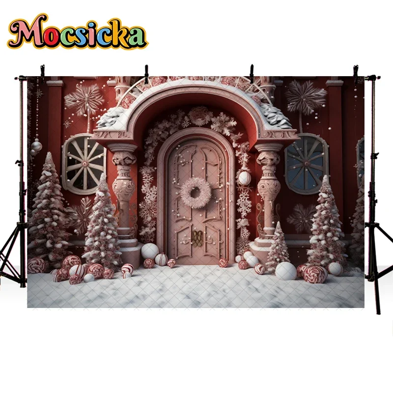 Mocsicka Red Christmas Room Background For Child Adult Family Portrait Photography Xmas Tree Snow Snowflake Wooden Door Decor