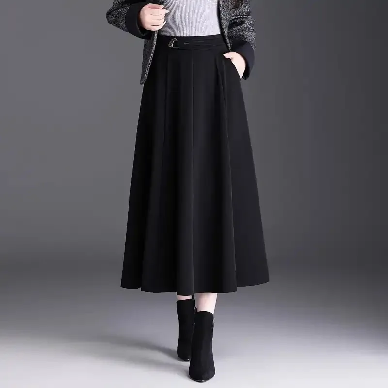 

New Autumn Winter Solid Color Pocket Skirt High Waist Slim Mid-length Drape Pleated Long Skirt Women