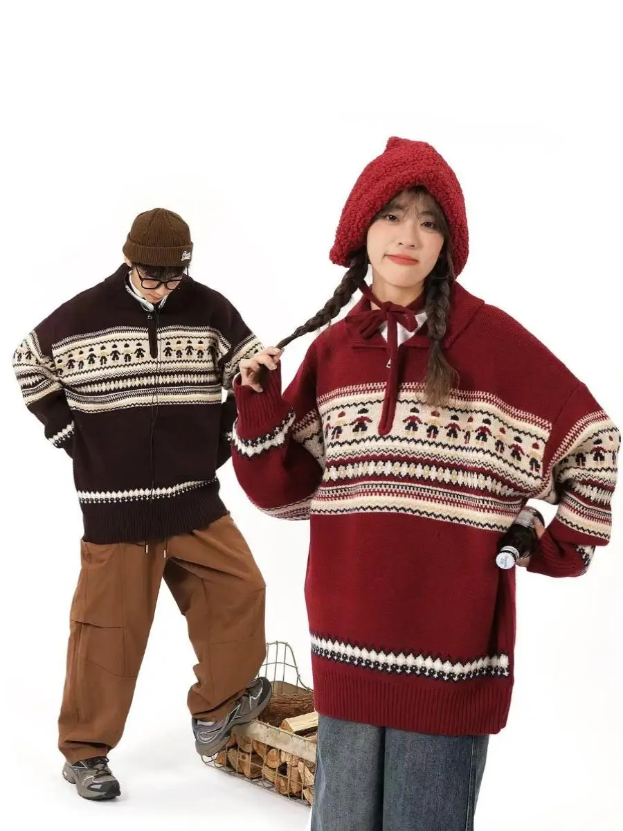 

Вязаный свитер в полоску в стиле ретро с застежкой-молнией для мужчин и женщин, свободная верхняя одежда для пар, повседневная одежда из полиэфирного волокна