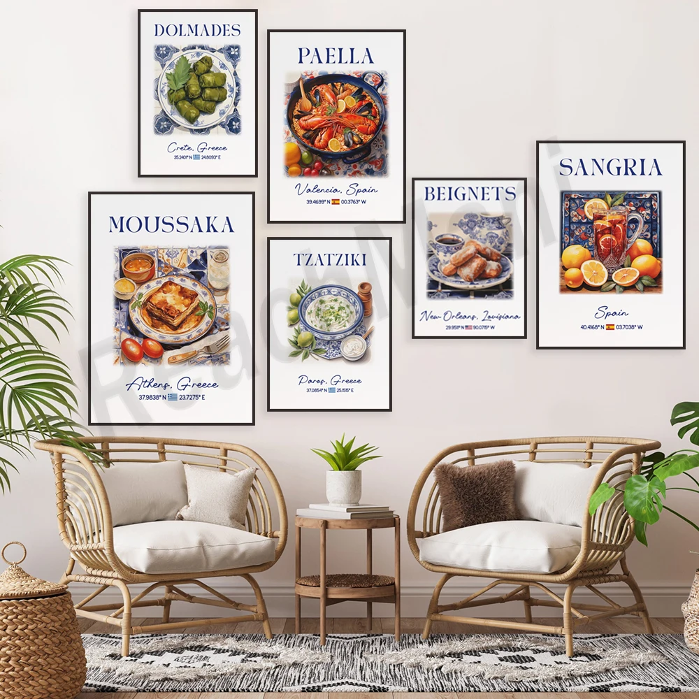 

Paella, tiramisu, drink, greek tzatziki sauce, sangria, smoothie, blue Azulejo tiles, dessert, cooking, food decoration poster