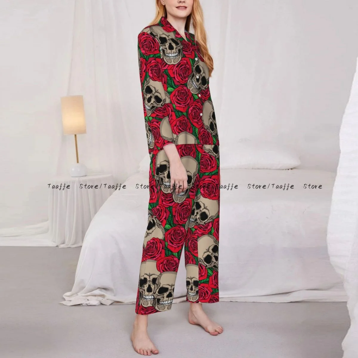 

Women Sleepwear Loungewear Skulls And Roses Long Sleeve Lapel Neck Shirt and Elastic Waist Pants Pajamas Set