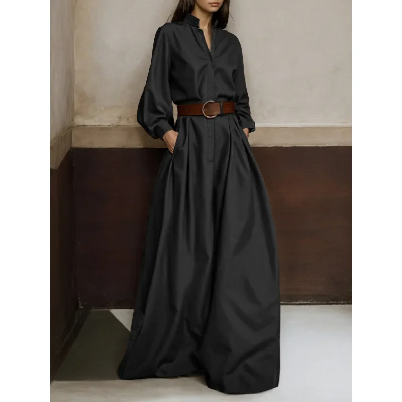 Spring Autumn Solid Color Fashion Jumpsuits Women V-neck Long Sleeve High Street High Waist Pockets Loose Wide Leg Trousers