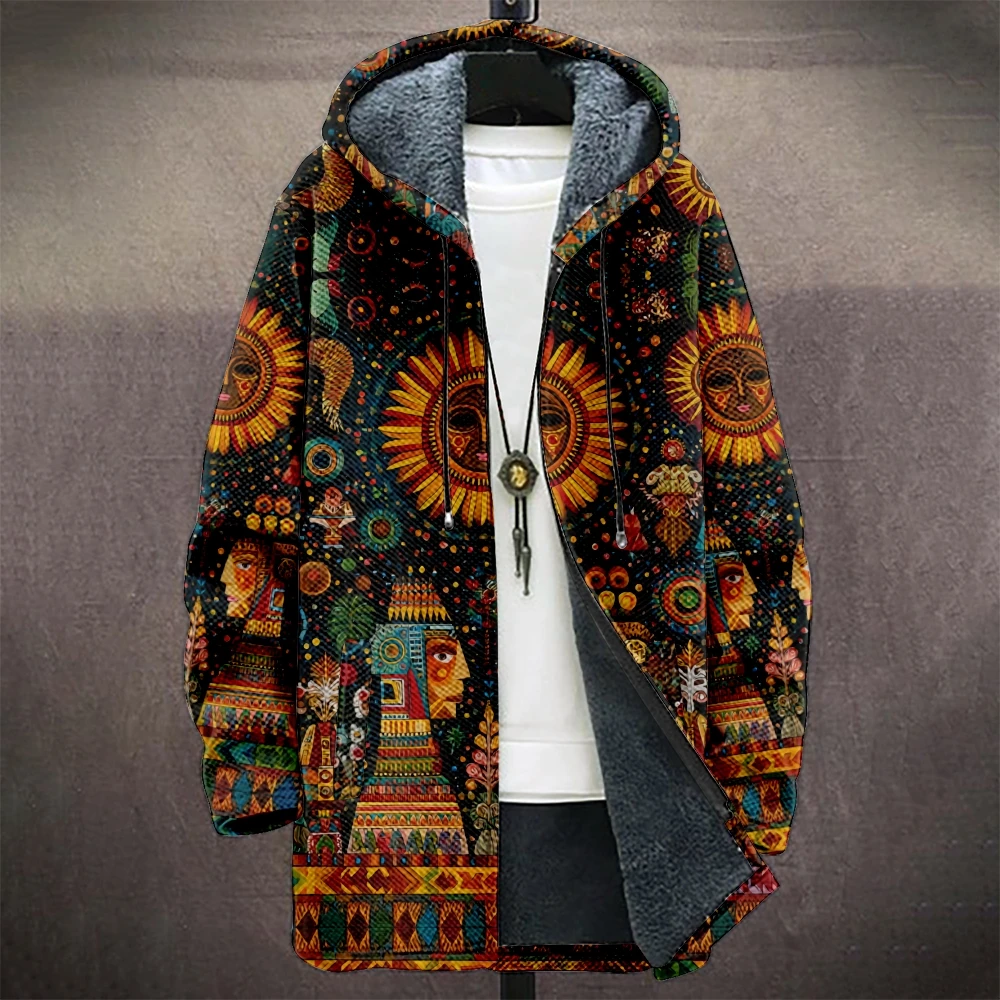 

Яркое пальто с капюшоном в этническом стиле, солнечные лица, геометрические узоры, уютная плюшевая уличная одежда, теплая уютная осенне-зимняя верхняя одежда