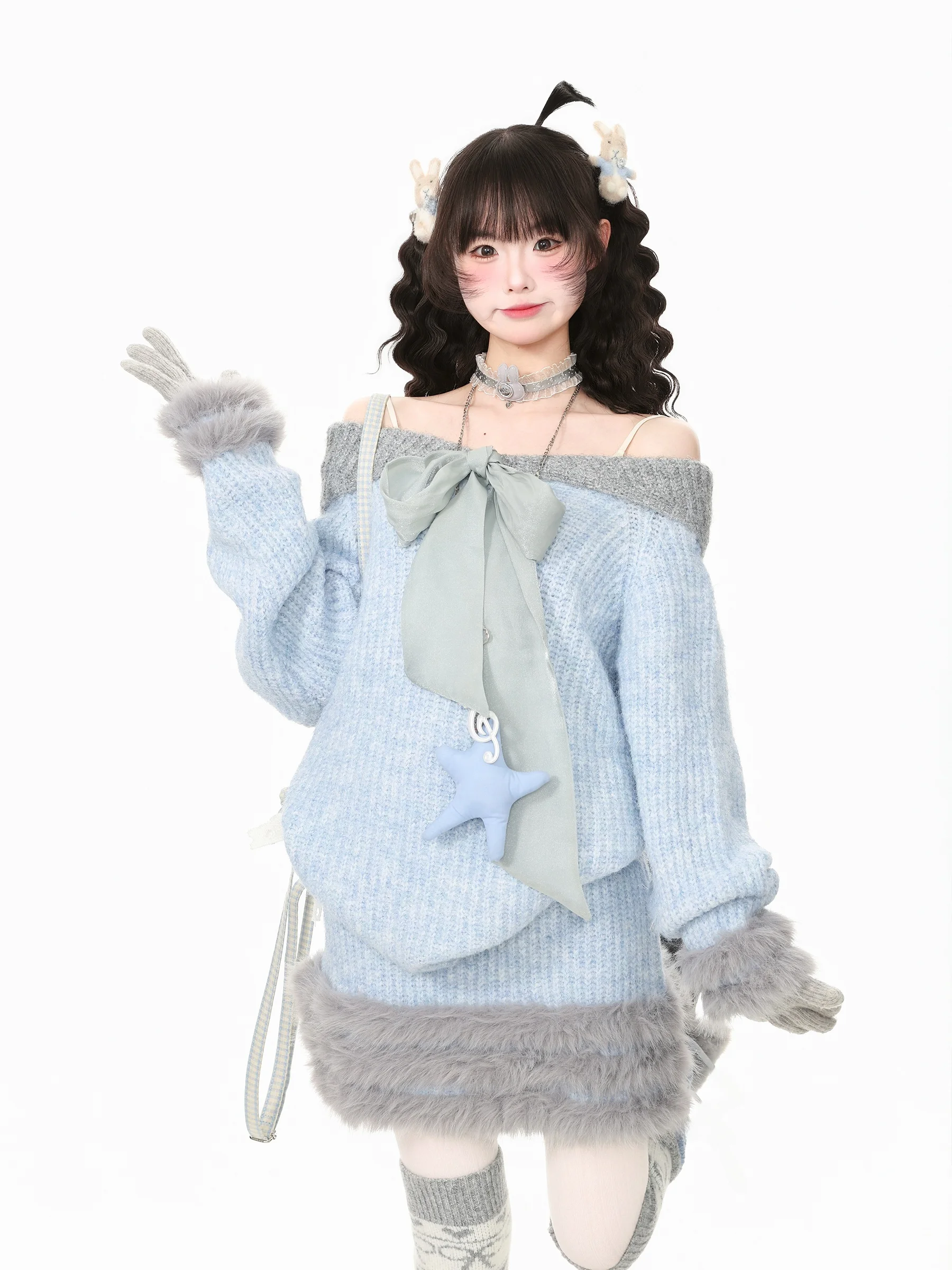 Languid Park Blue Ghost Plush Lazy Sweater Set Women's Shoulder Bared Two-Piece Autumn Skirt Set Breathable Long Sleeve