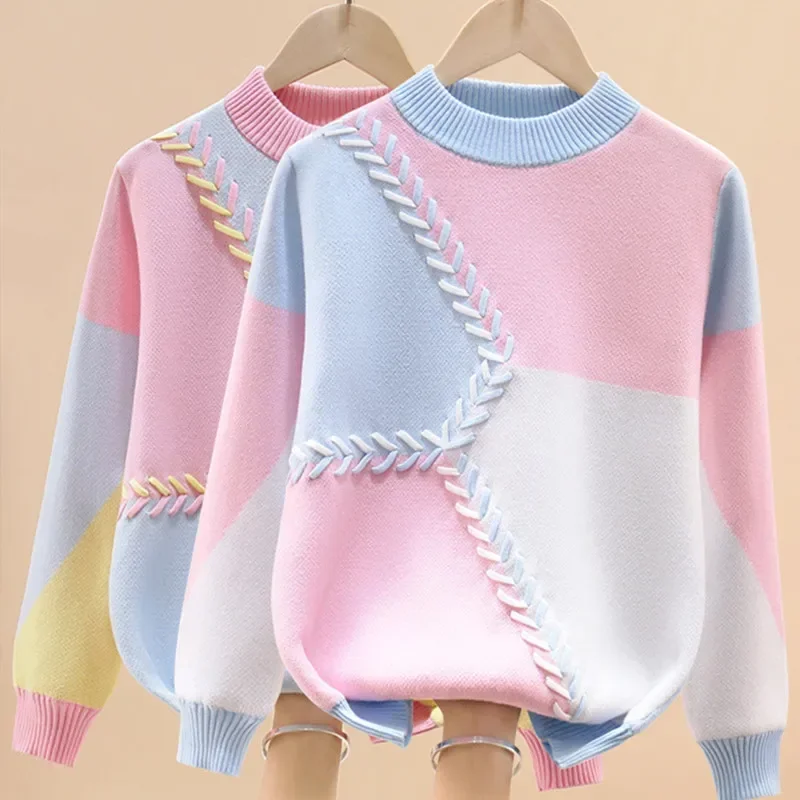 Warm Sweater For Girls Autumn Winter Kids Knitted Pullover Inner Fleece For Children's 4 6 8 10 12 14 15 Years Wear LC329