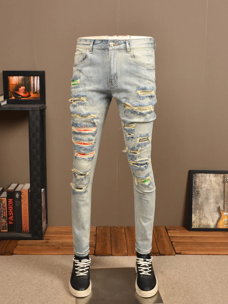 

Retro Light Color Hole Jeans Men's Personality Fashion Stretch Slim High Street Scrape Patch Street Tappered Pants