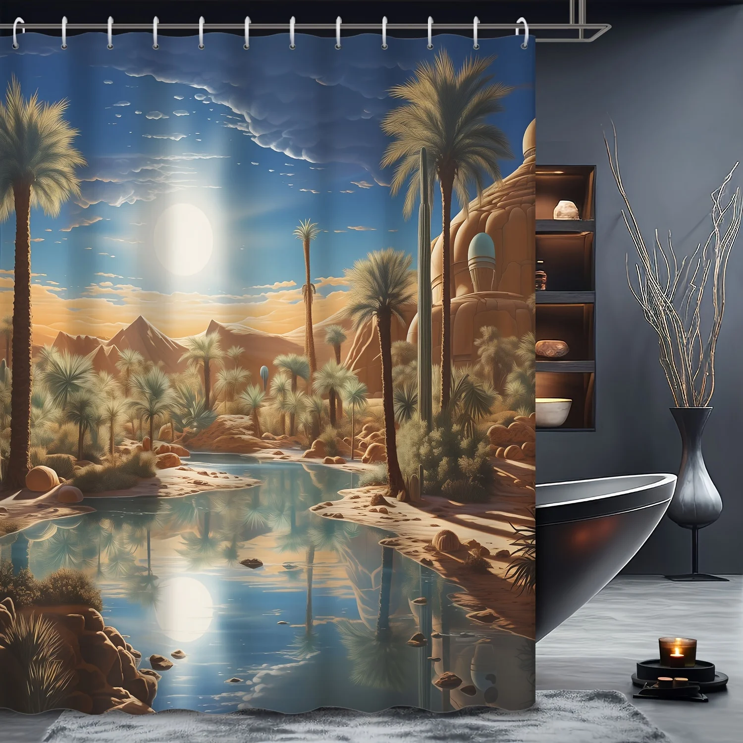 Un rideau de douche Oasis dans le désert : transformez votre salle de bain en un retiroir tranquille avec ce superbe design doté