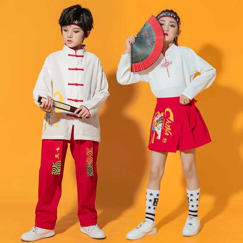 Chinese Traditional New Year Hanfu White Shirt Top Red Pants Skirt for Girls Boys Stage Dance Performance Costume Clothes