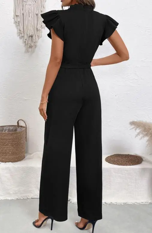 Jumpsuit Women 2026 Spring Summer New Solid Color Commuting High Waist Casual Round Neck Short Sleeve Lace Up Long Jumpsuit