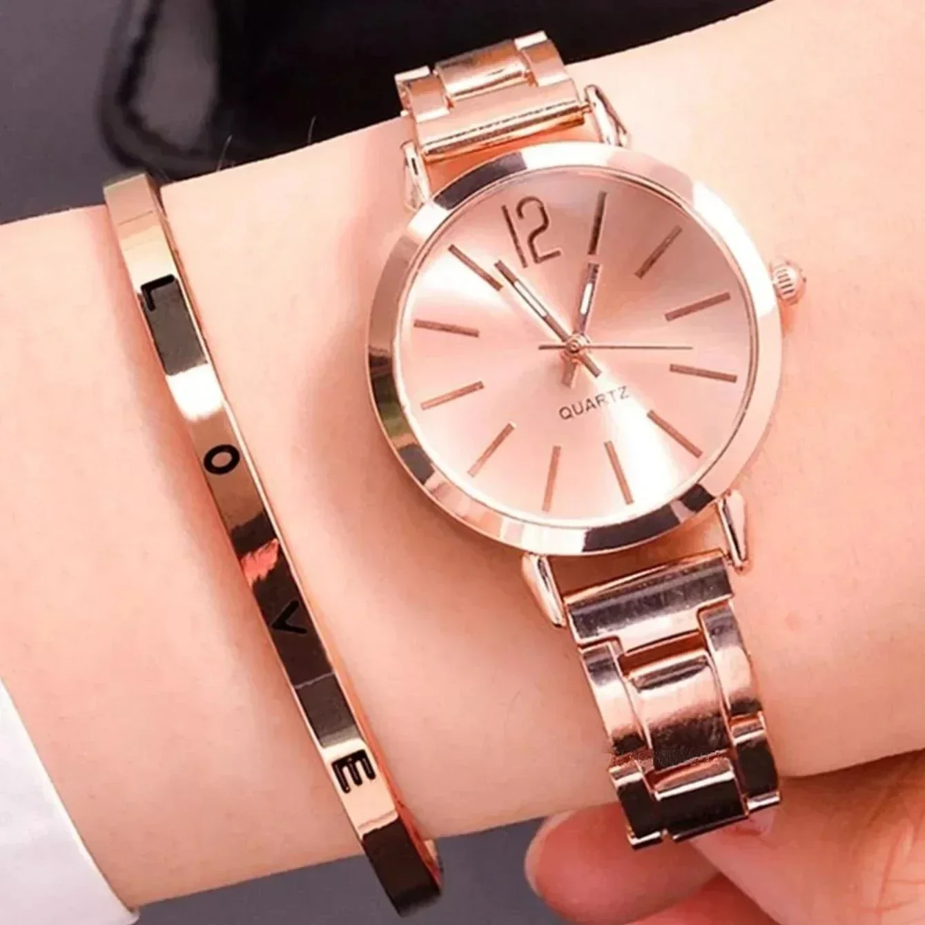 Womens Fashion Simple Digital Alloy Quartz Watch Bracelet 2 Piece Set Luxury Women Simple Dial Ladies Watch Reloj Mujer